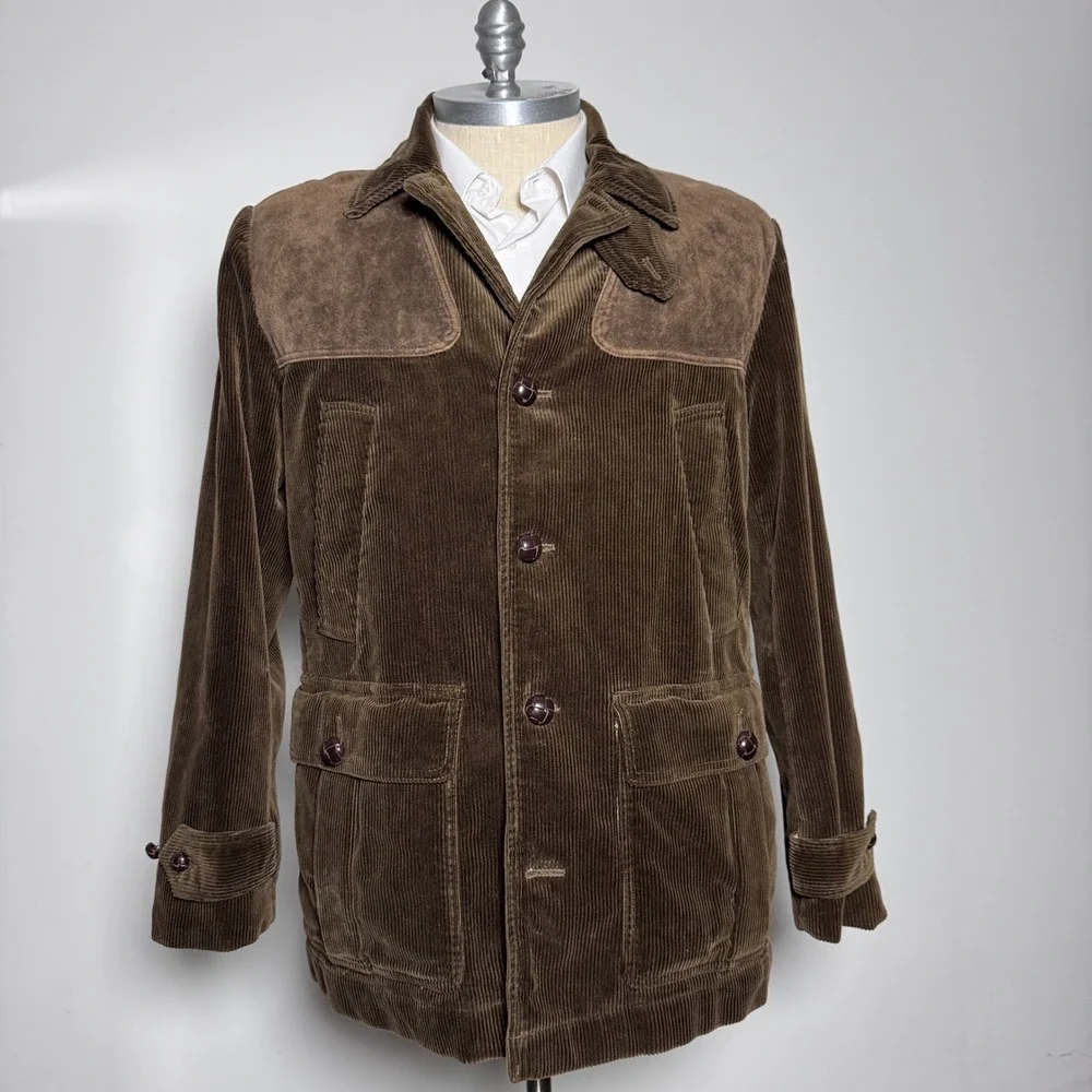 1990s Polo Ralph Lauren Vintage‎ Corduroy Leather Hunting Loden Jacket  XL